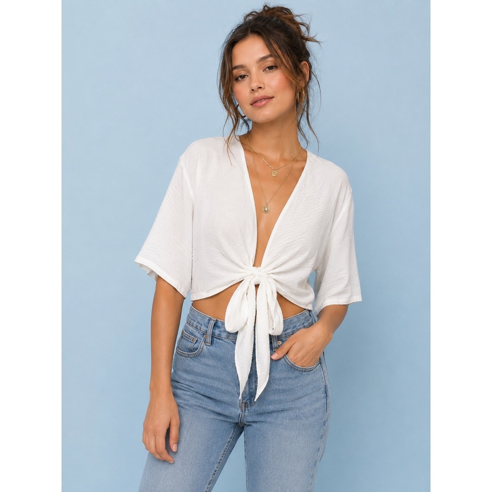 3rd + Malt White Crinkle Tie Front V-Neck Short Sleeve Crop Top XL Festival